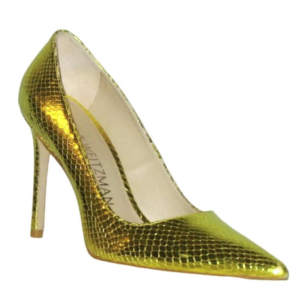 DESIGNER STUART WEITZMAN KEY LIME GOLD METALLIC SNACK EMB HIGH HEEL PUMPS 8.M